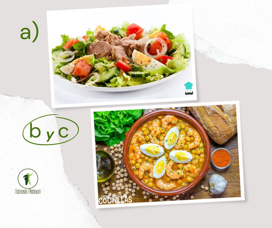 Ensalada de verduras variadas con potaje de garbanzos con langostinos